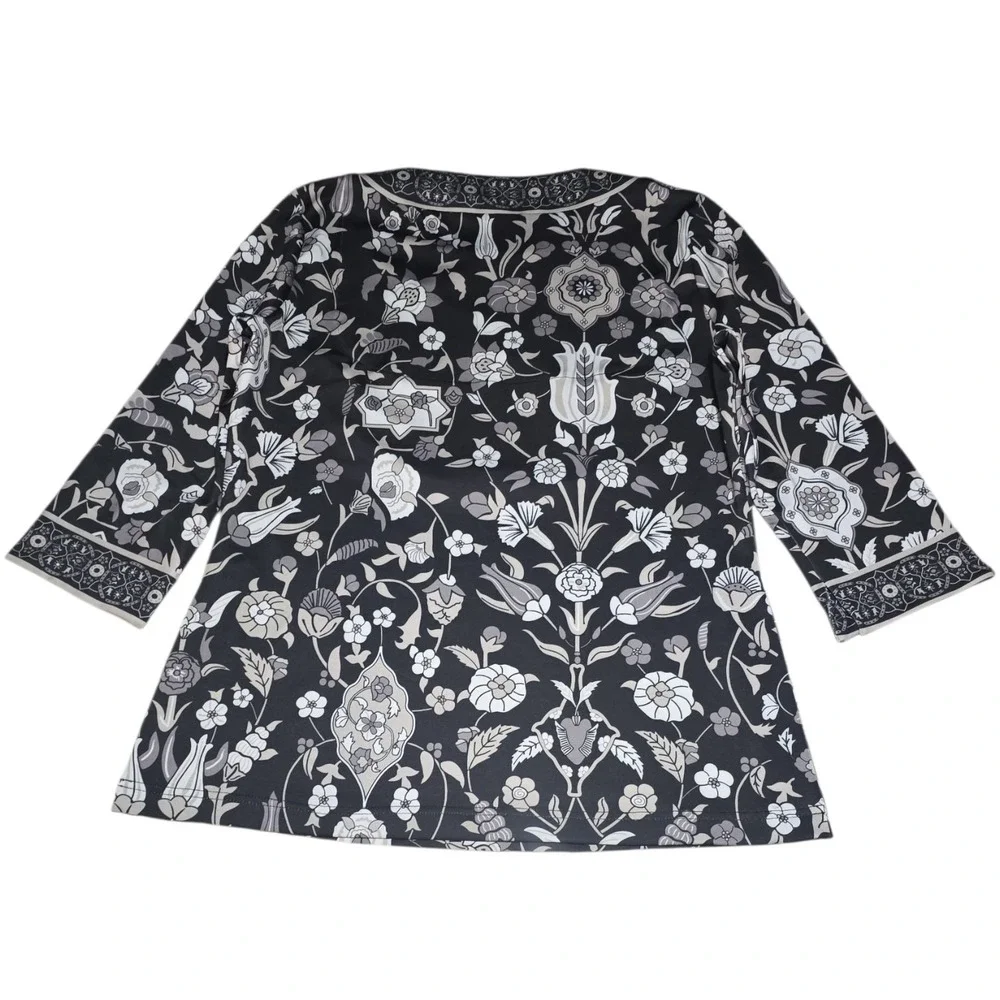 Gretchen Scott‎ Womens Topkapi Floral Damask Split Neck Tunic Top Black & Tan S